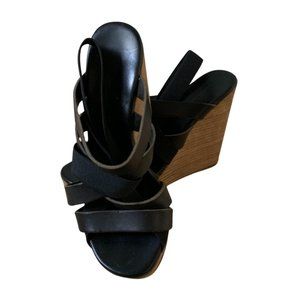 DKNY Black Leather Strapped Cork Wedge Heels (W5)